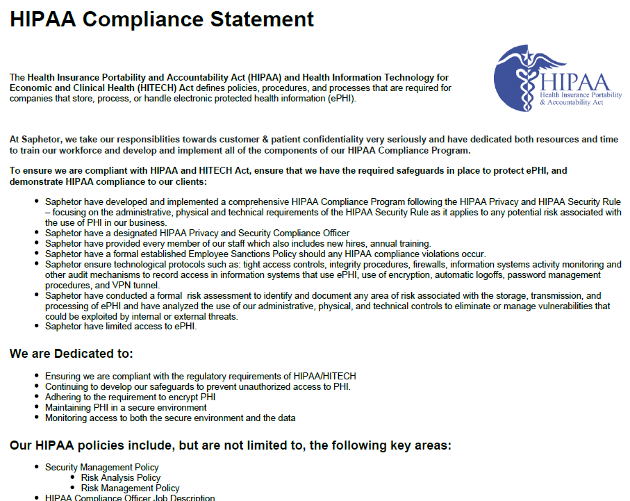 Annex Iii Hipaa Compliance Statement